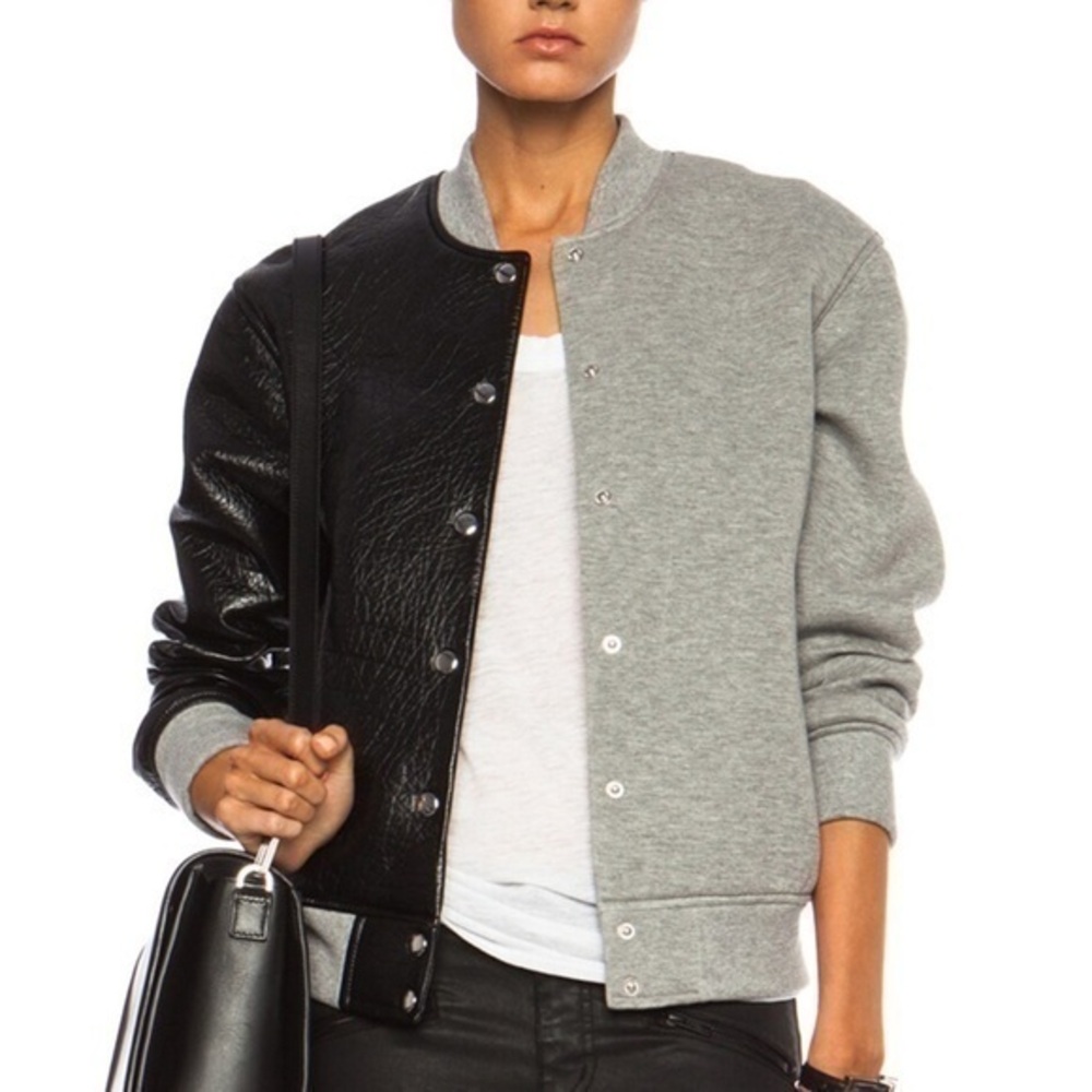ALEXANDER WANG Leather & Neoprene Half Half Varsity Jacket Black and Grey